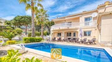 Der private Außenpool der Villa Estrella mit klarem blauem Wasser, Sonnenliegen und Palmen vor einem blauen Himmel.