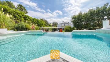 Der private geflieste Swimmingpool der Villa Geolouk, umgeben von grünen Bäumen, Sträuchern und einem blauen Himmel mit vereinzelten Wolken.