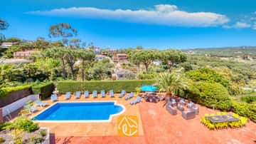 Privater Außenpool der Villa Jaruco mit einer Terrasse aus Terrakotta, die mit blau-weiß gestreiften Sonnenliegen und einer Essgruppe unter blauen Himmel gesäumt ist.