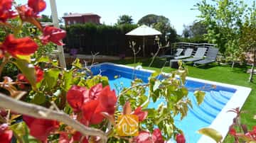 Der private Pool der Villa Noa, eingerahmt von roten Bougainvillea-Blüten, mit Sonnenliegen und einem weißen Sonnenschirm auf dem Rasen im Hintergrund.